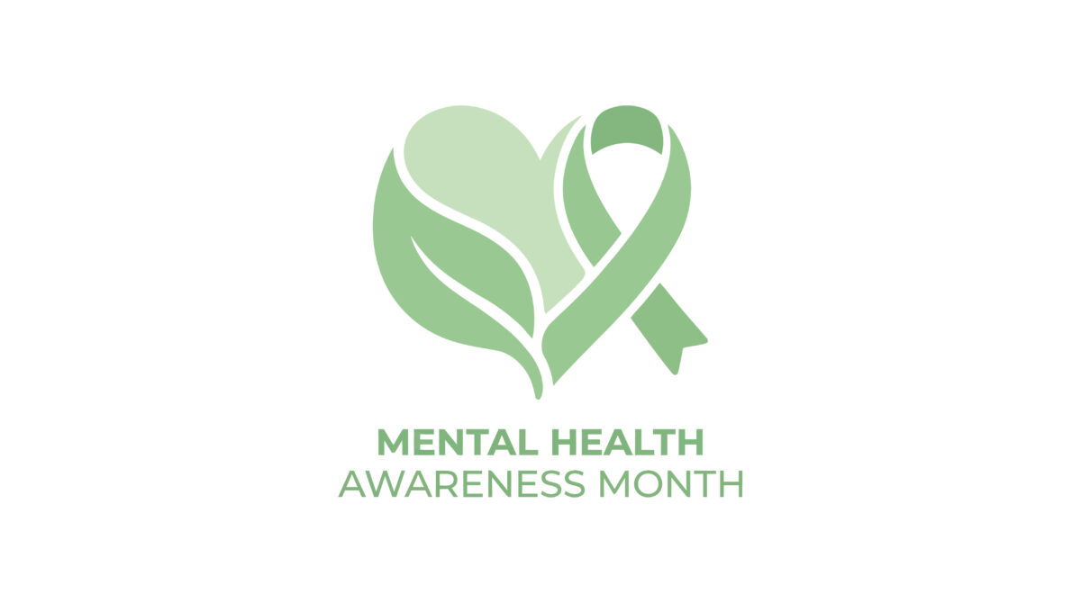 A light green heart with leaves and an awareness ribbon, symbolizing Mental Health Awareness Month on a white background.